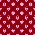 Valentine`s Day vector seamless pattern; cute holiday design with heart-shape padlocks on dark red background. Royalty Free Stock Photo